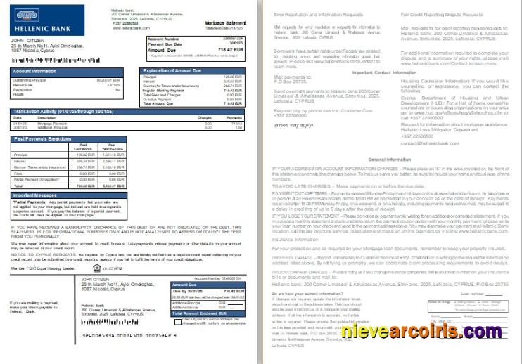Cyprus Hellenic bank mortgage statement, 2 pages, 1-2